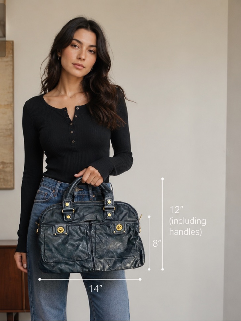 Marc by Marc Jacobs Turnlock Leather Satchel Y2K Boho Quiet Luxury Navy - Picture 2 of 10
